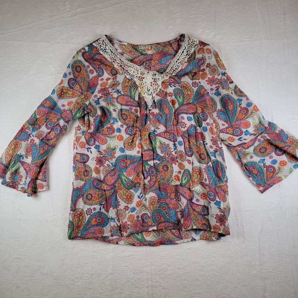 Spense Womens Large Paisley Floral Crochet Lace V-Neck Bell Sleeve Blouse Top